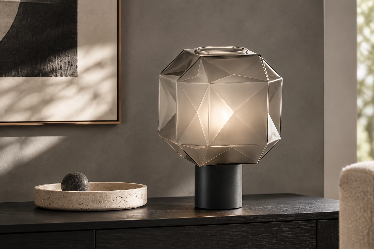 Cubo Table Lamp with Smoke Gray Glass Shade