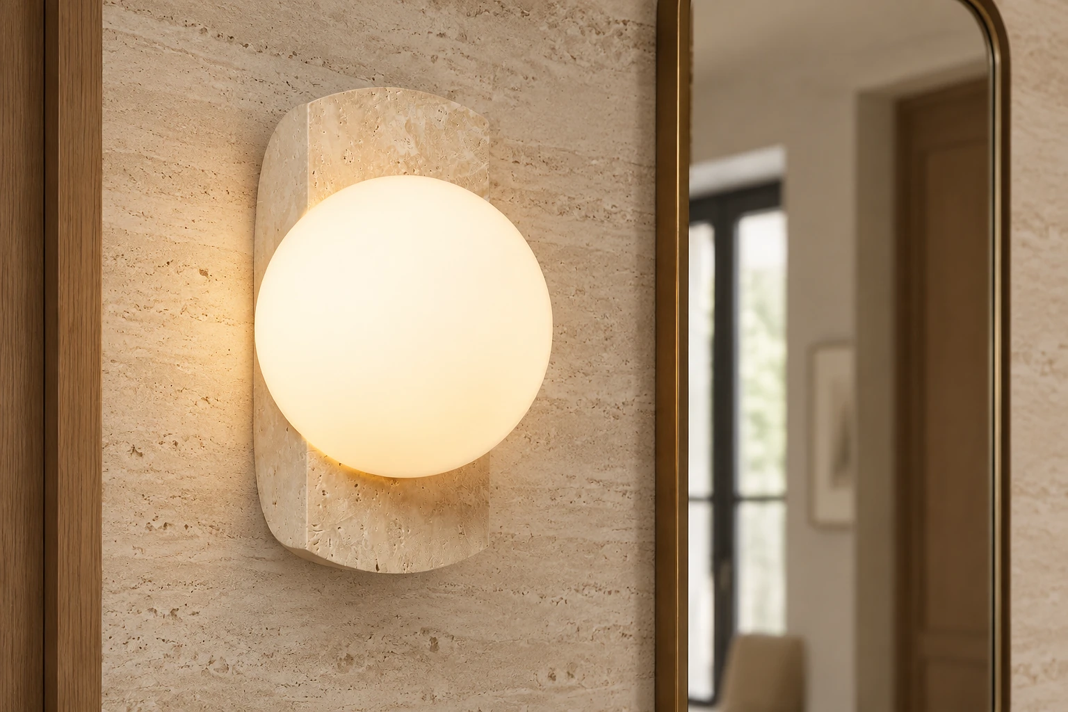 Robin Travertine & Opaline Glass Globe Wall Sconce