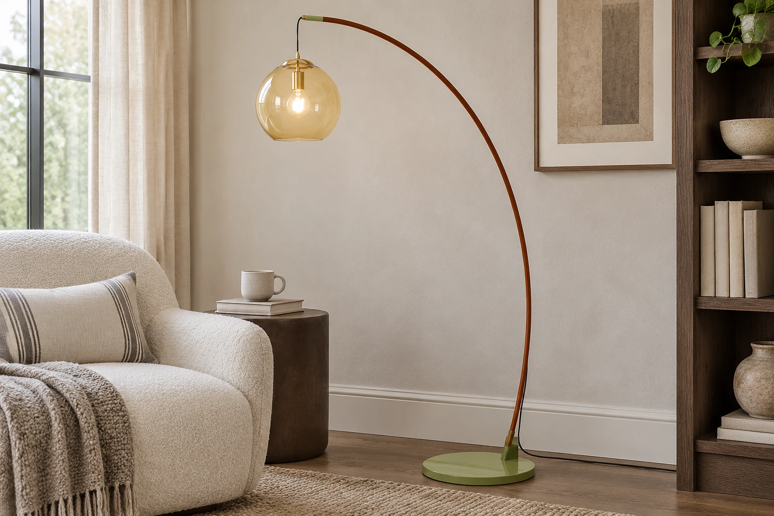 Modern Arched Floor Lamp with Amber Glass Shade