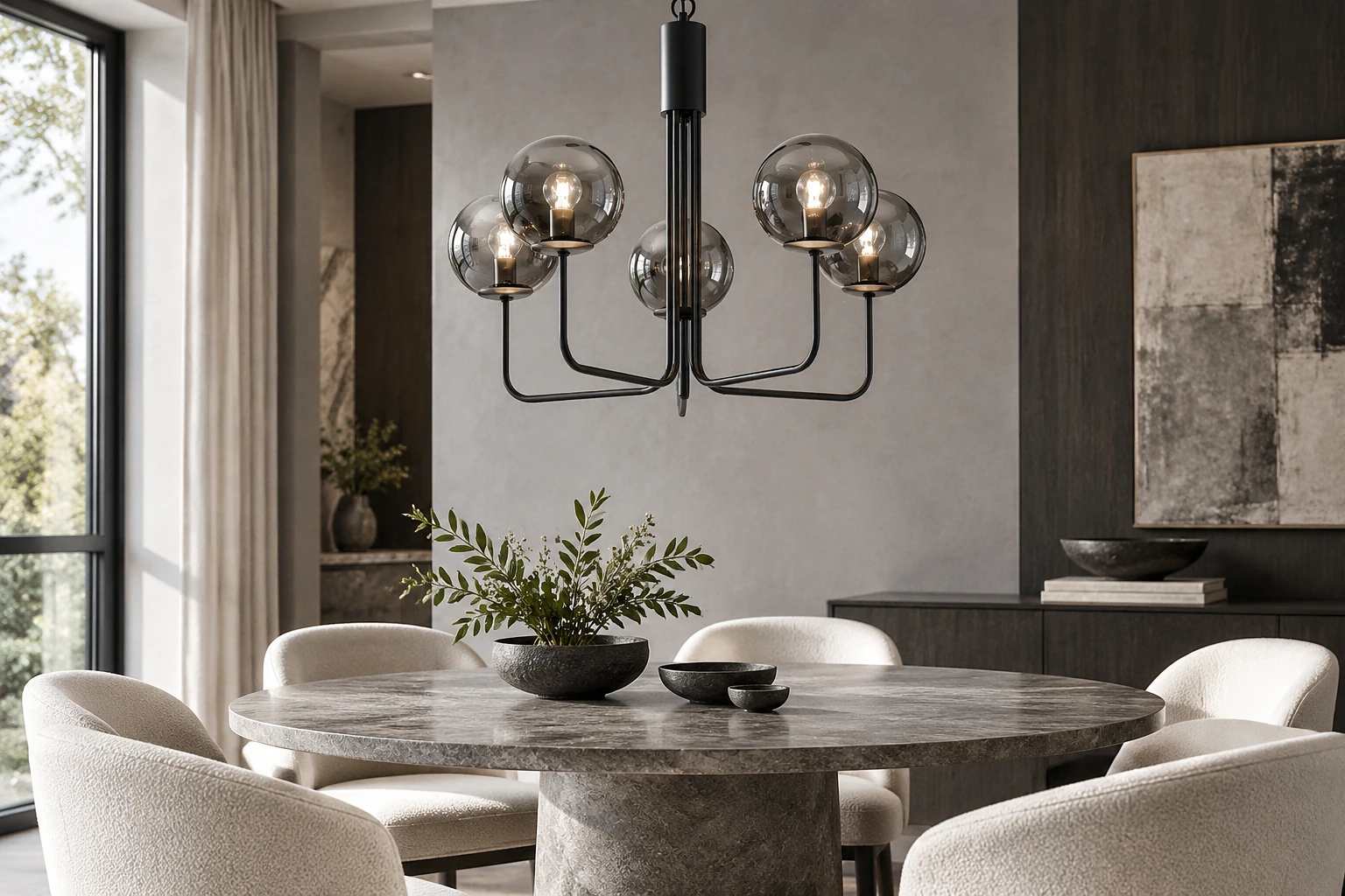 5-Light Smoked Glass Globe Round Black Bubble Chandelier