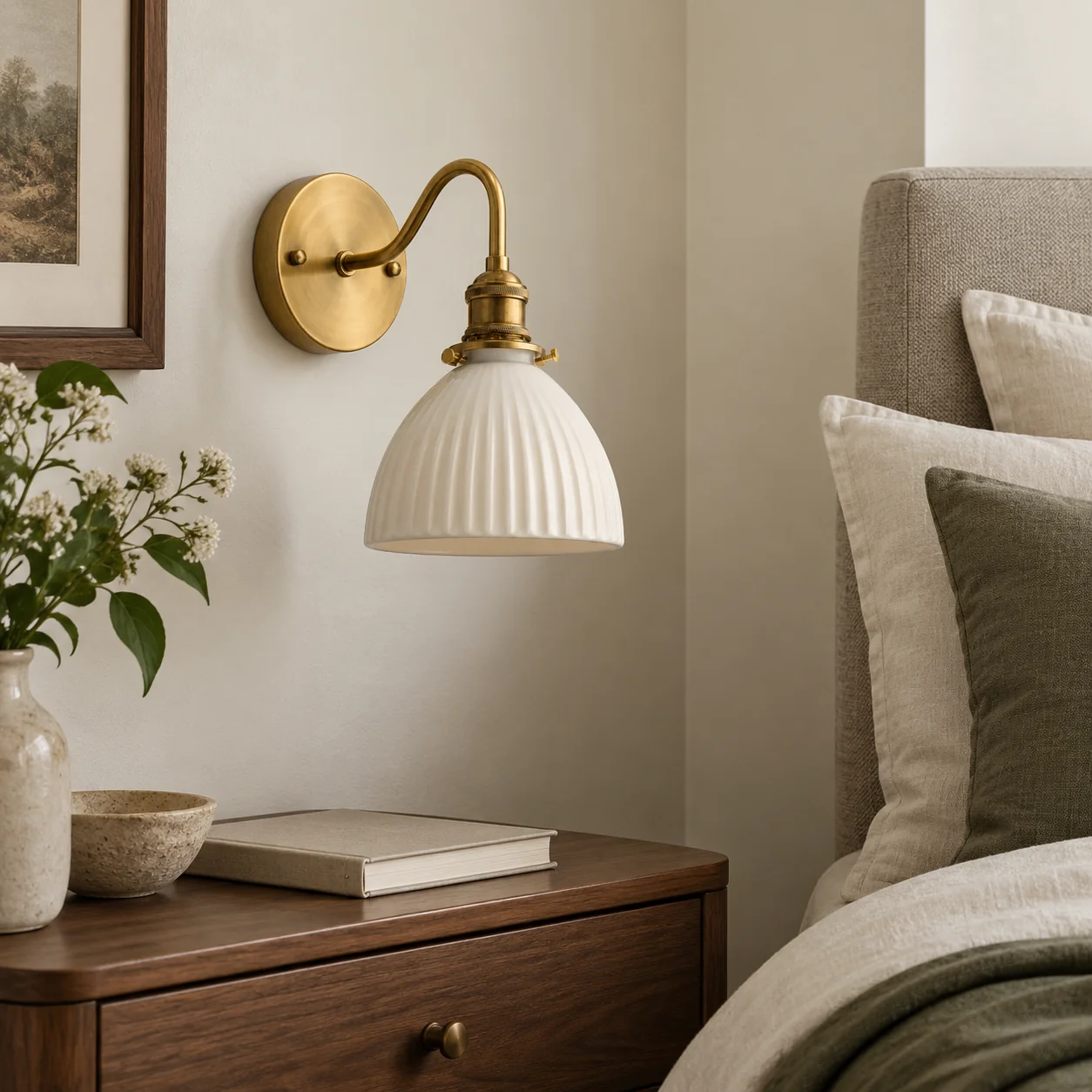Three-quarter bedside view showing a ceramic sconce arm projecting from the wall above a nightstand