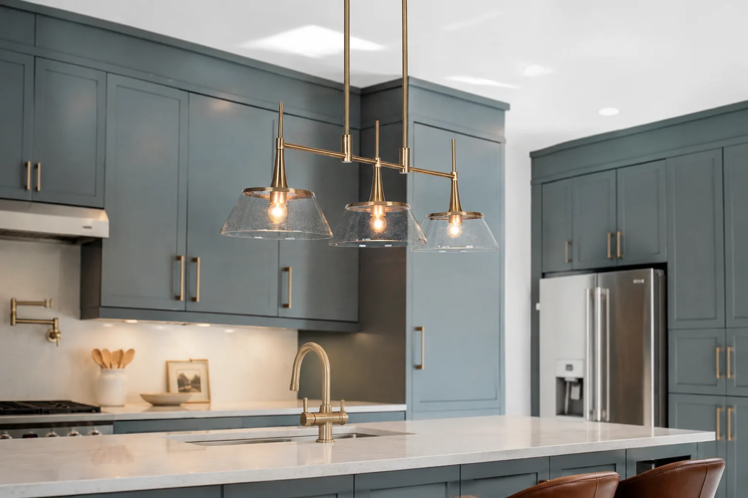 Renee mid-century three-light brass and seeded glass pendant in a kitchen