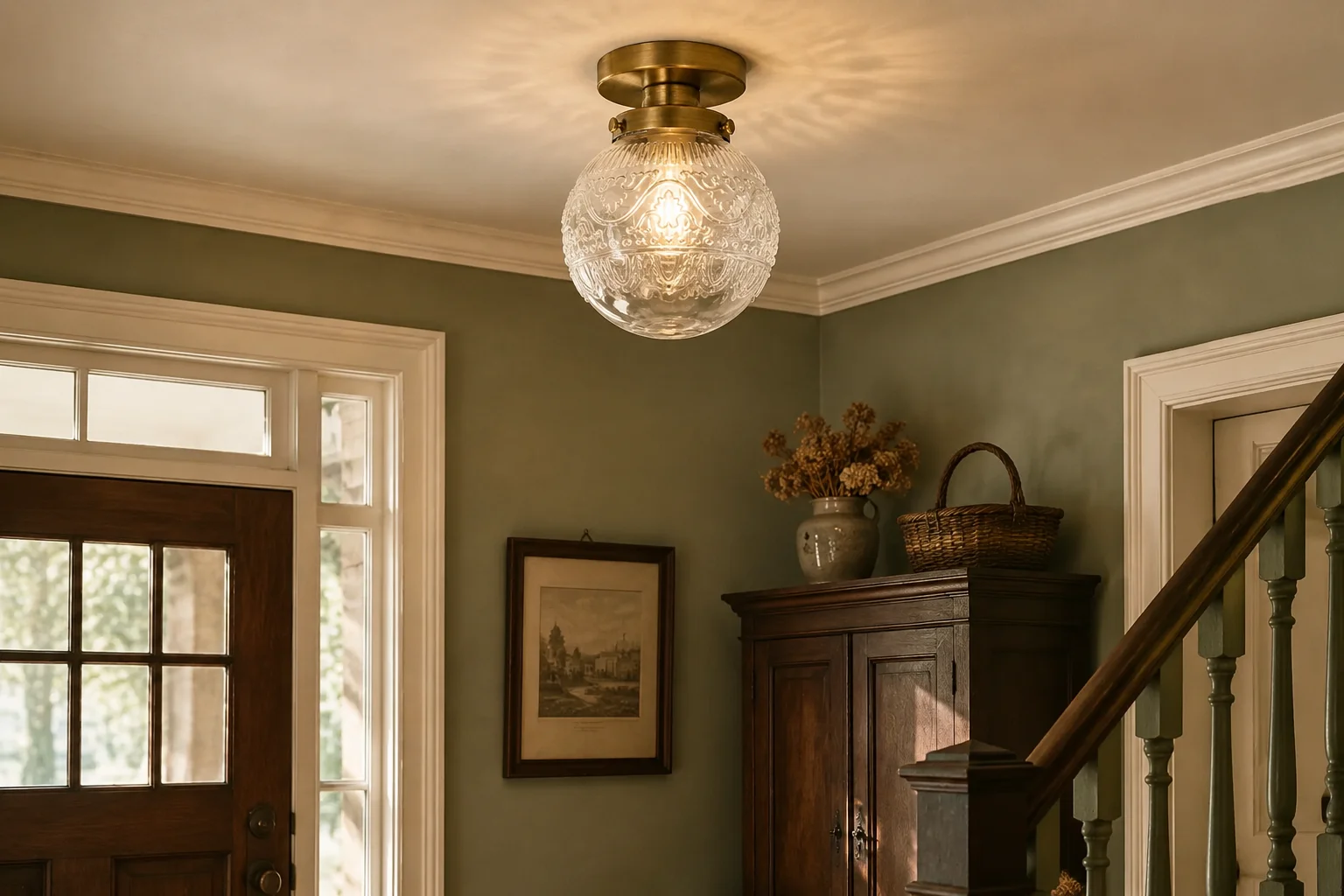 Vintage engraved glass globe ceiling light in a sage green entry hall
