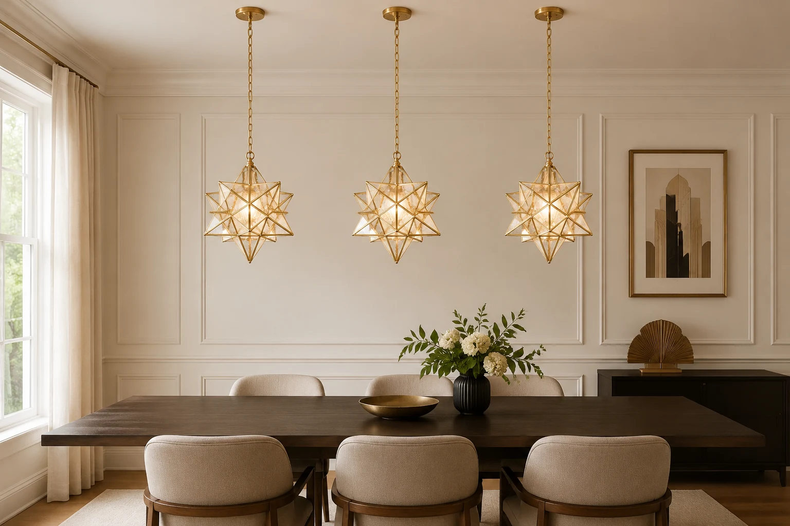 Three compact Art Deco star glass pendant lights above a long dining table