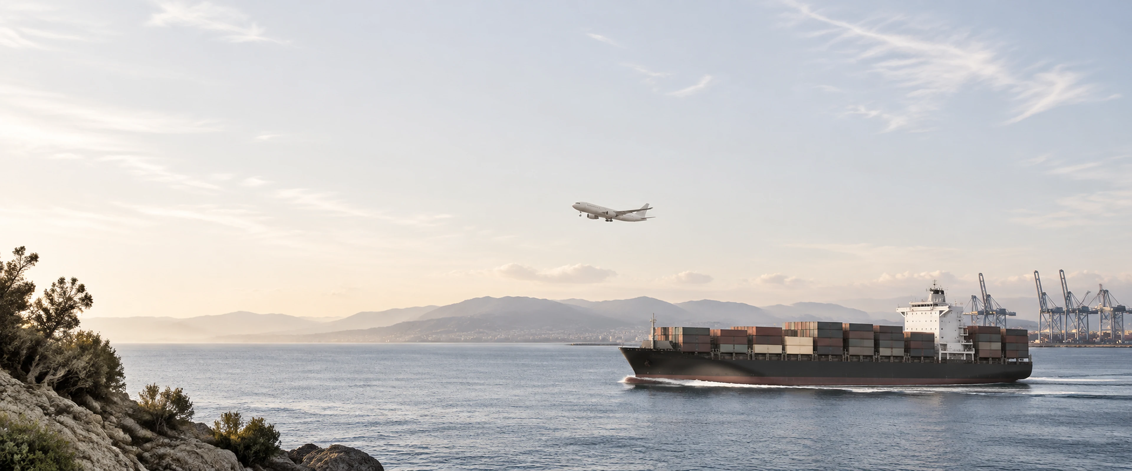 AI-generated illustrative coastal scene with a cargo aircraft and container ship.
