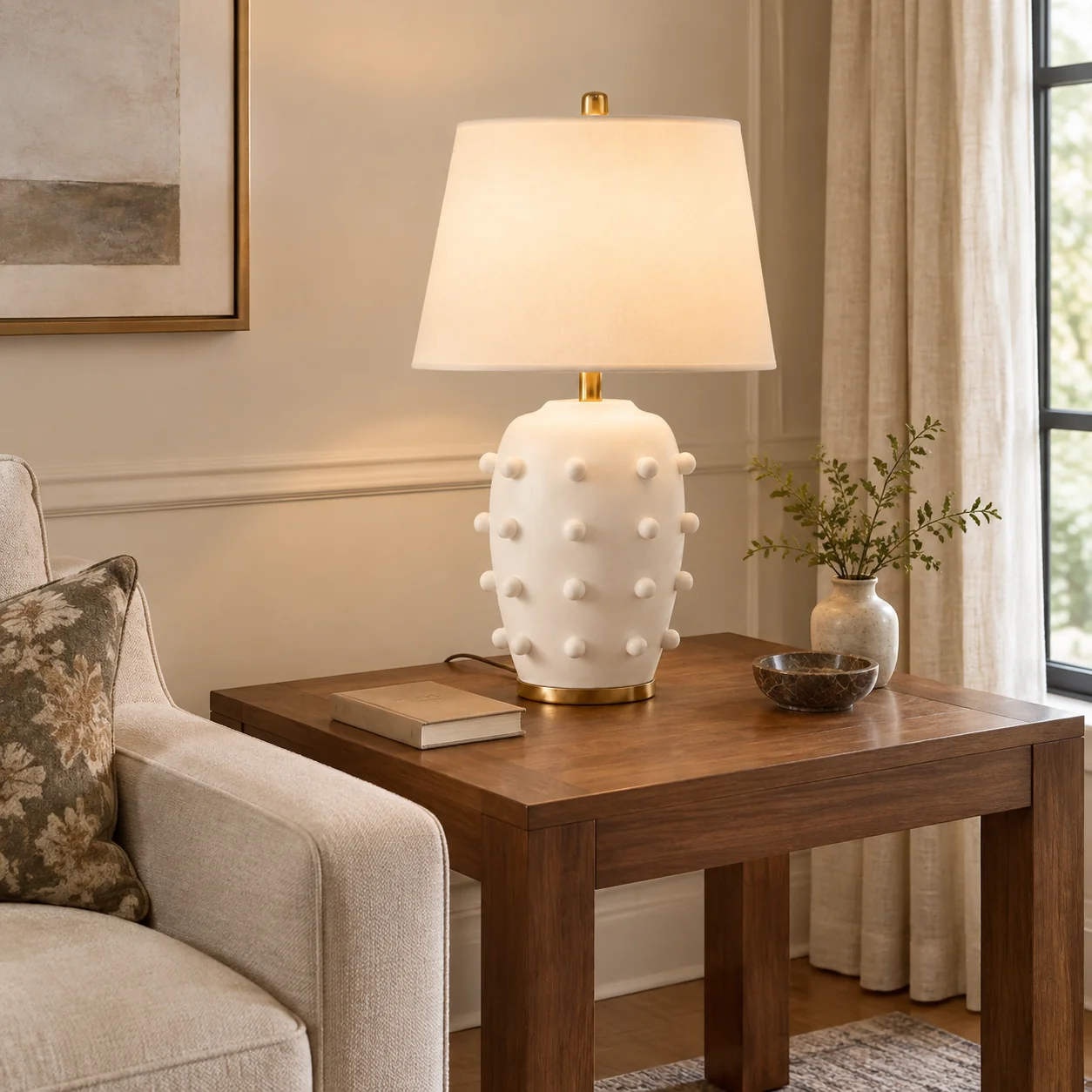 White ceramic lamp on a broad square wood end table with open space beside its base