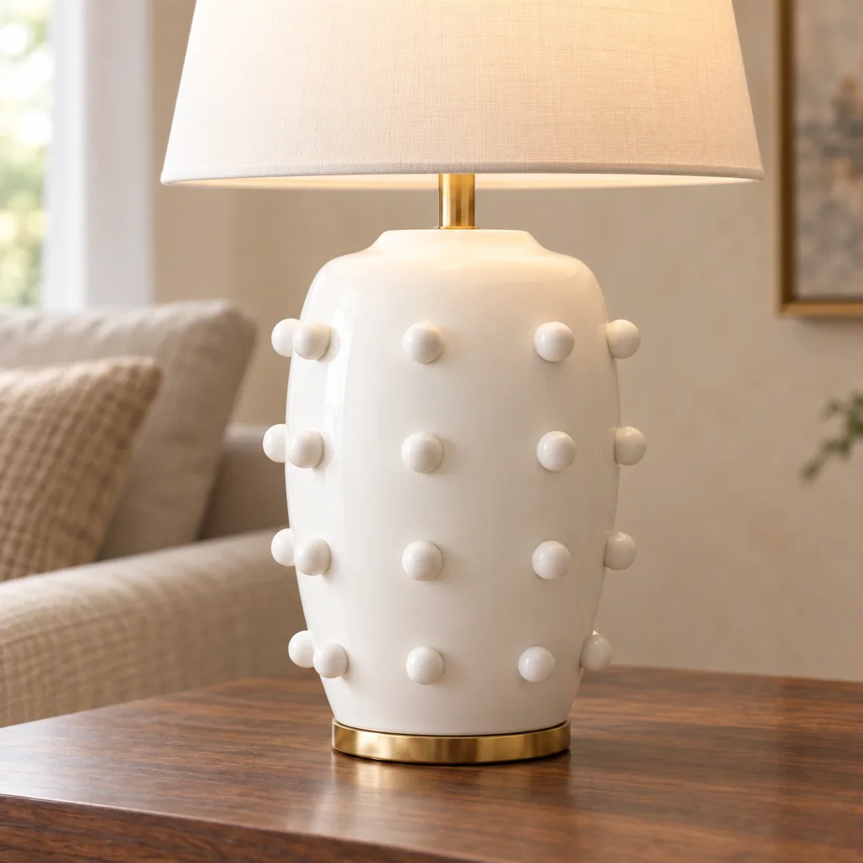 Close view of raised white ceramic dots, a gold-toned lamp base and an ivory fabric shade