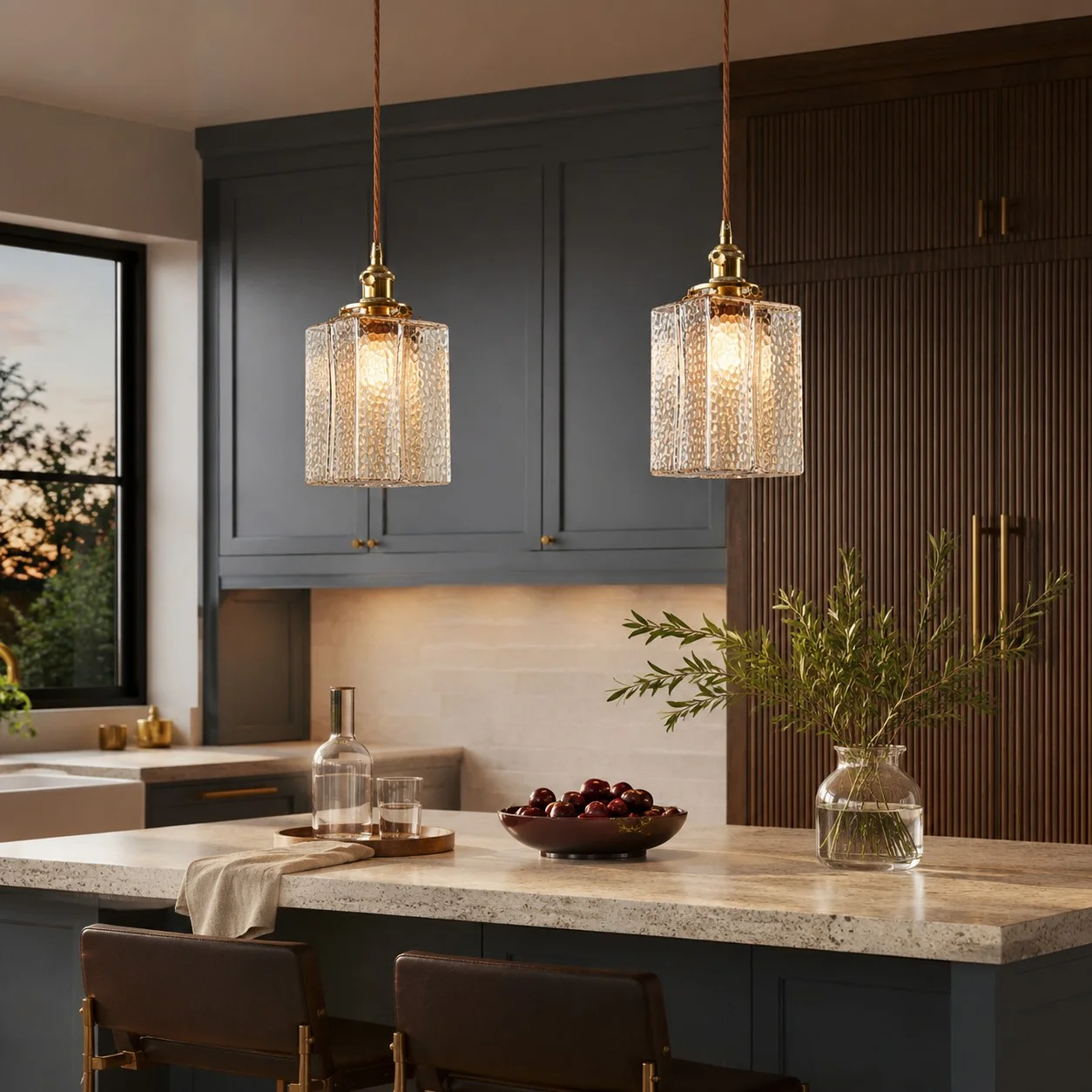 Two Jewel hammered glass cube pendant lights above a kitchen island with dark cabinetry