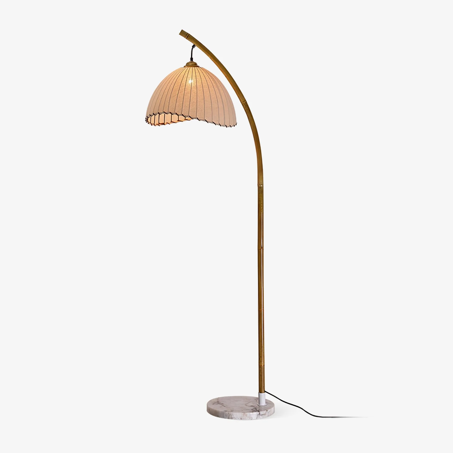 Full view of the Sanna floor lamp with curved bamboo stem, fabric shade, and round marble base