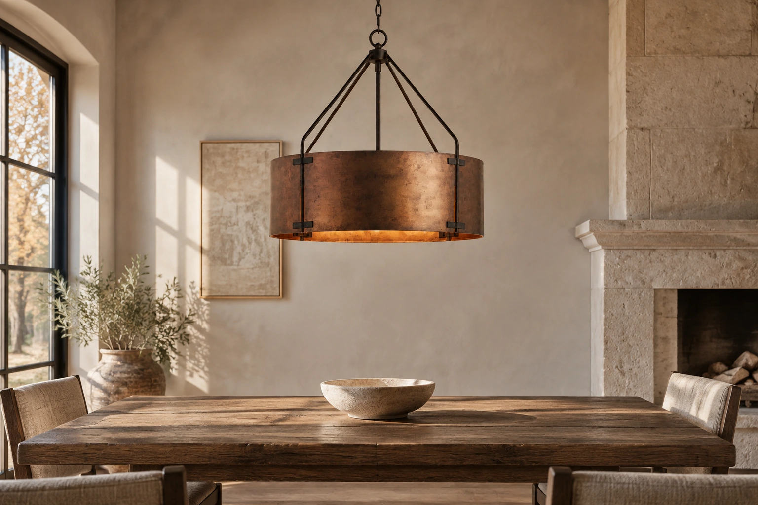 Aged bronze drum pendant above a wooden dining table in a rustic interior
