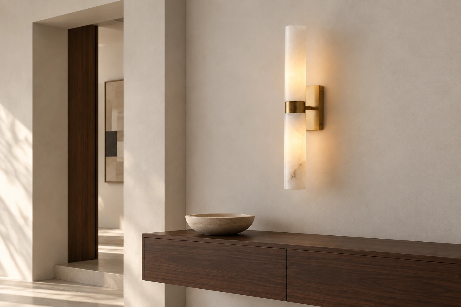 Dani alabaster double-tube wall sconce in a modern walnut and plaster entryway