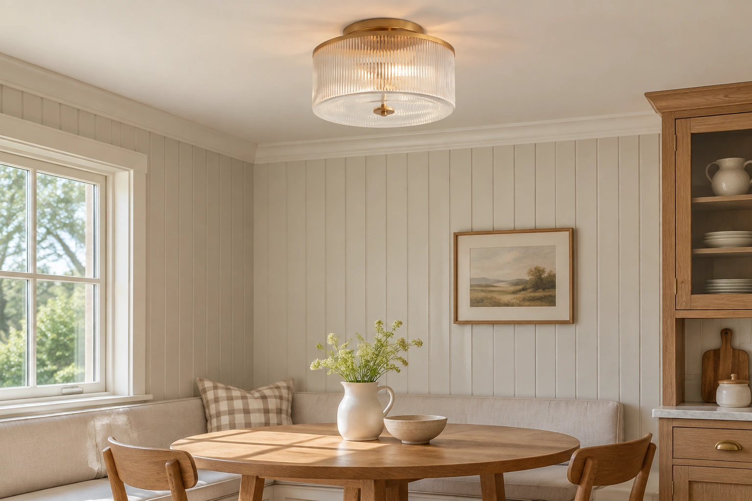 Vireo ribbed glass and brass ceiling light in a farmhouse breakfast nook