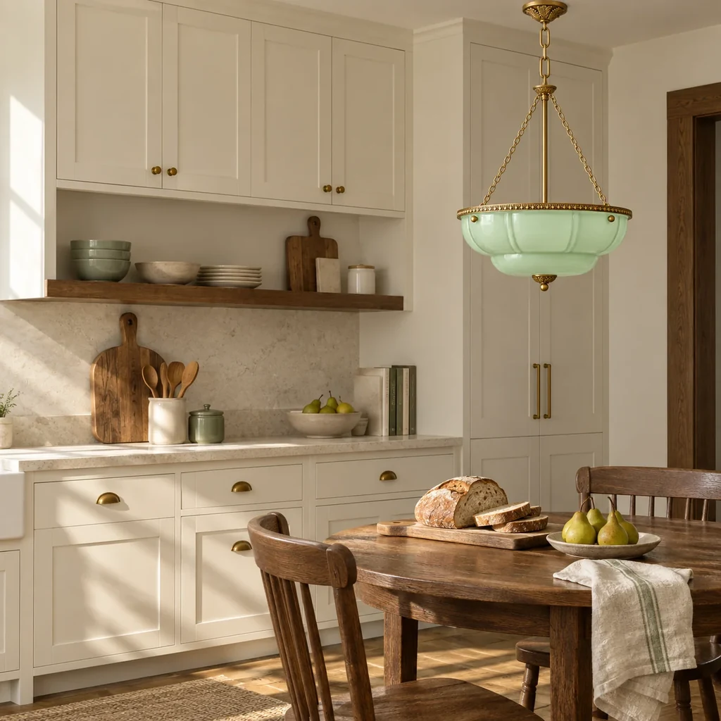 Light green lobed bowl pendant above a dark walnut dining table with muted plum chairs
