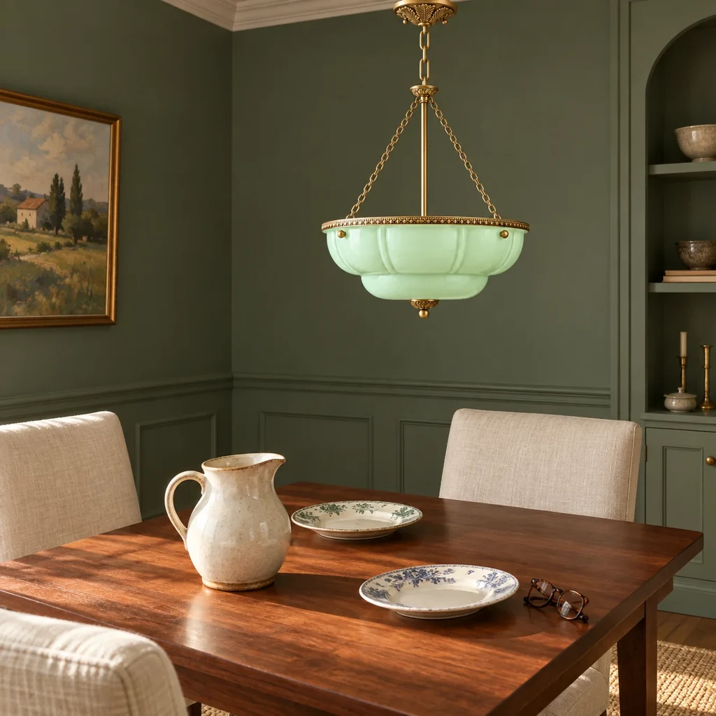 Light green lobed bowl pendant in a dining alcove with deep green walls and a cherry wood table