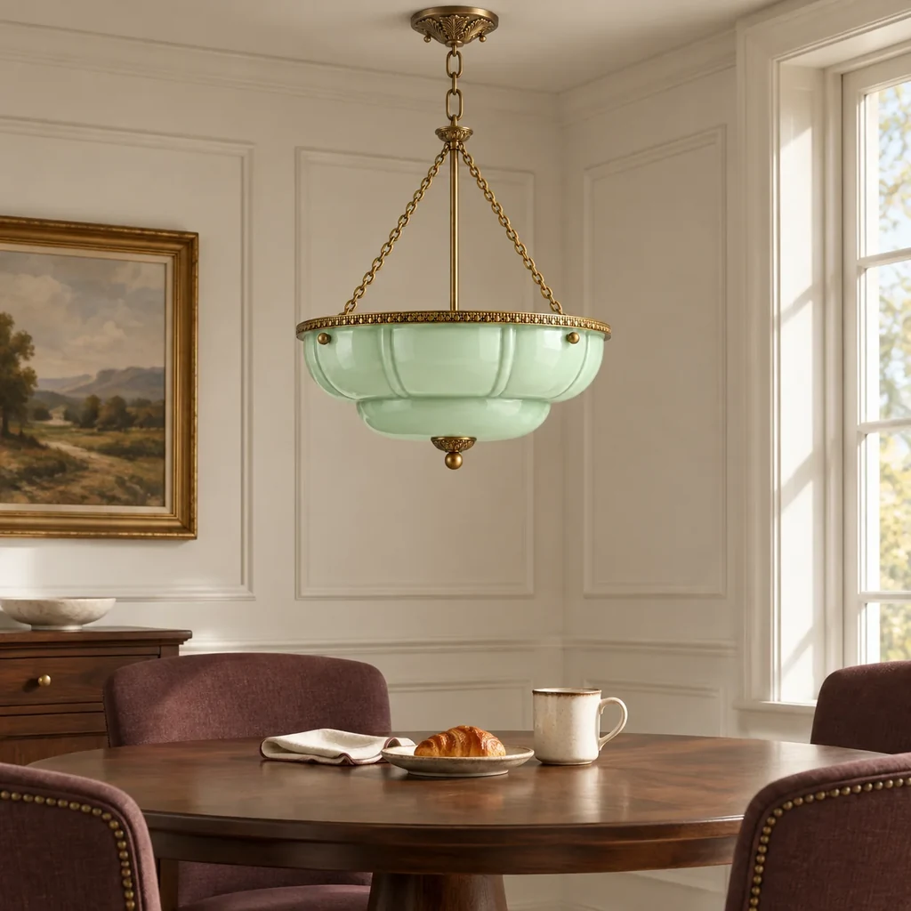 Light green lobed bowl pendant above a wooden breakfast table in a bright cream kitchen