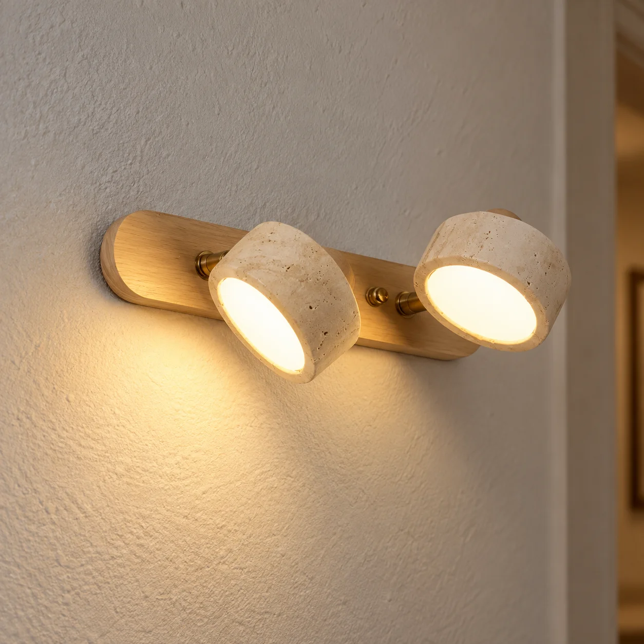 Close-up of a Dēmētēr travertine wall sconce installed flush to a textured hallway wall