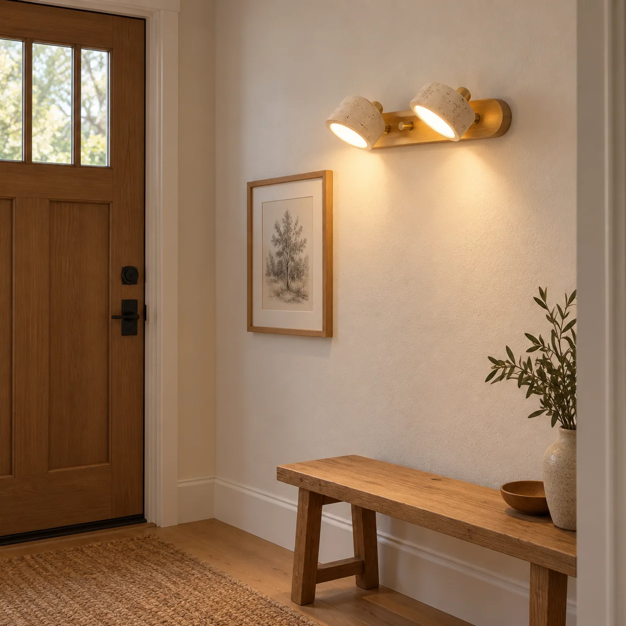 Two-head Dēmētēr wall sconce installed beside an entry door above a narrow oak bench