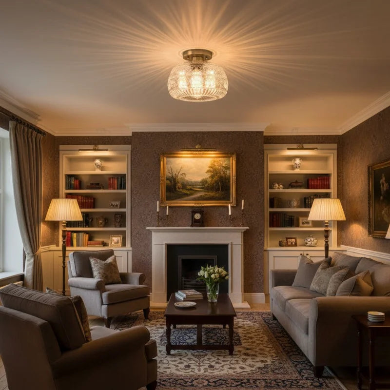 Oliver clear carved glass ceiling light in a living room