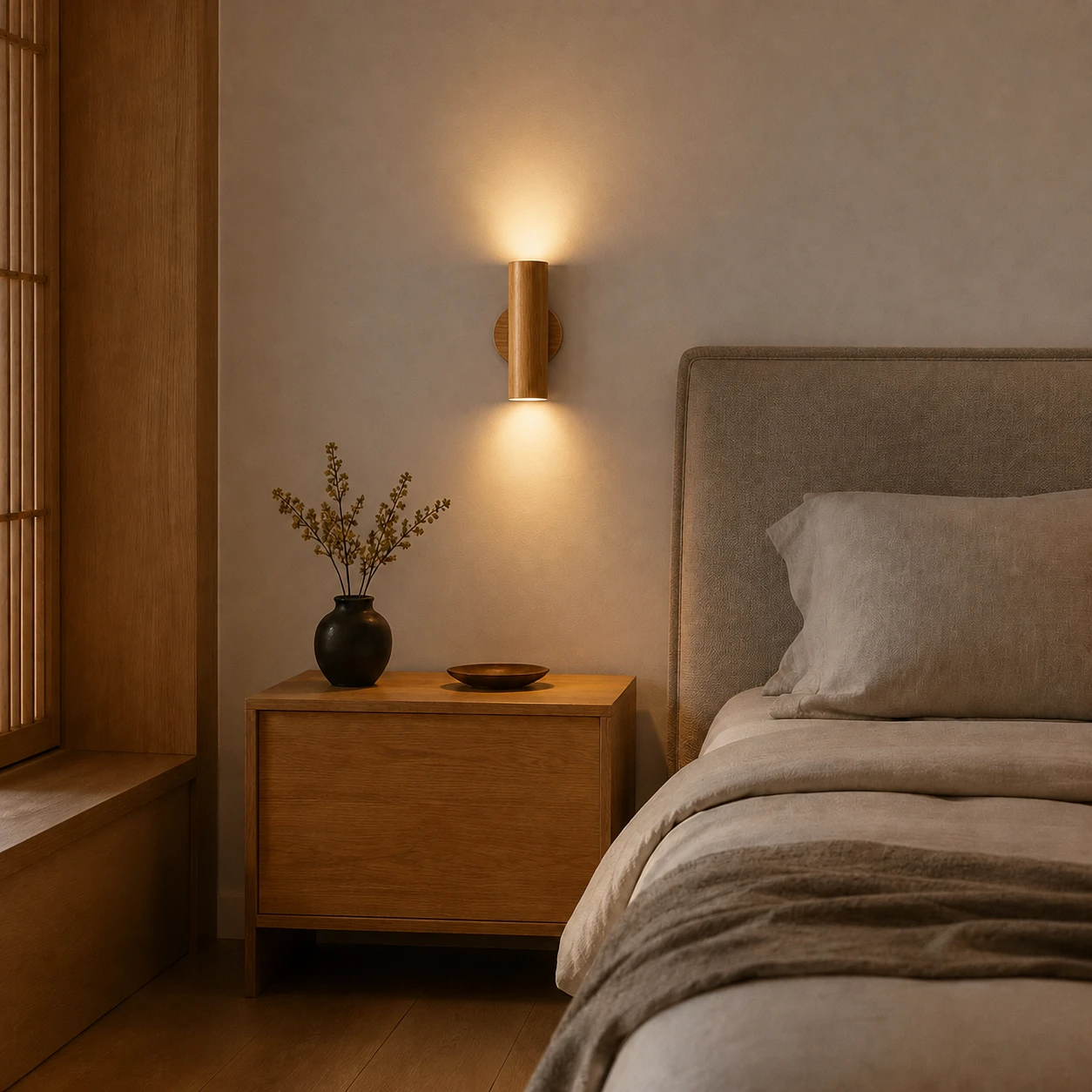 Natural wood wall sconce with warm light in a bedroom