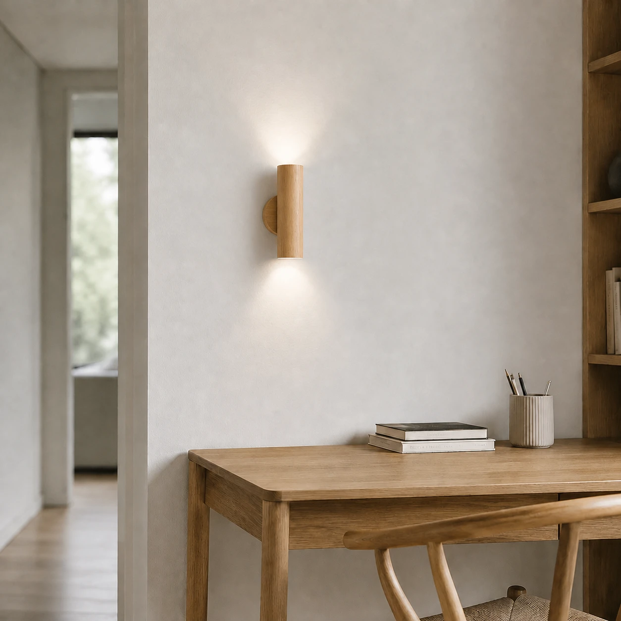 Natural wood wall sconce with clear 5000K light in a workspace passage