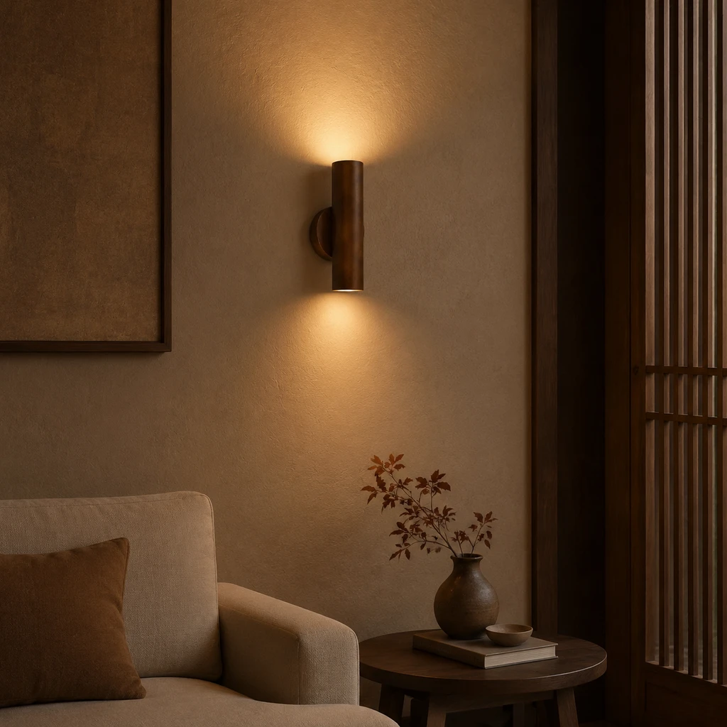 Walnut wall sconce installed flush to a living room wall