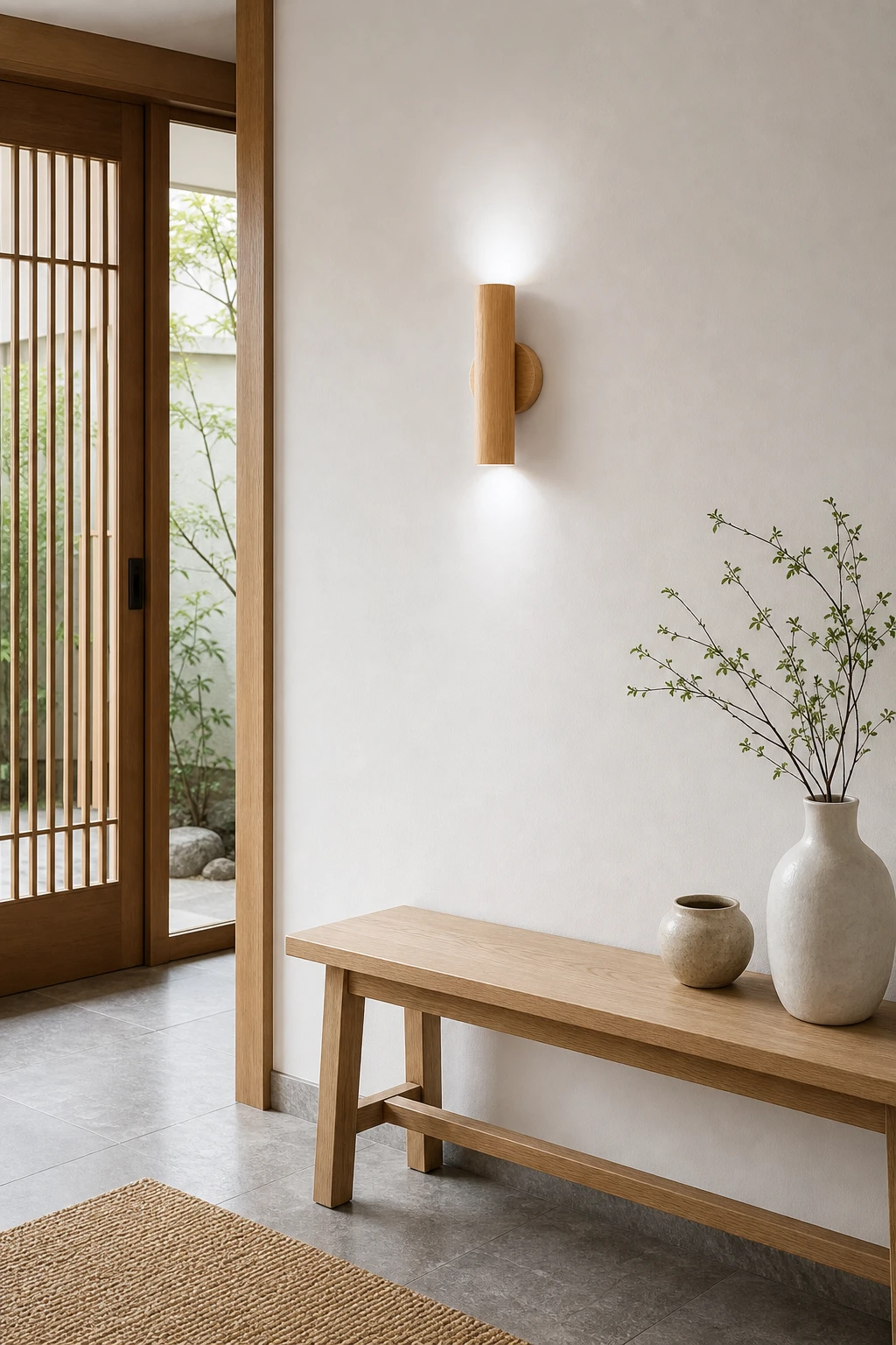 Natural wood wall sconce with white light in an entry hallway