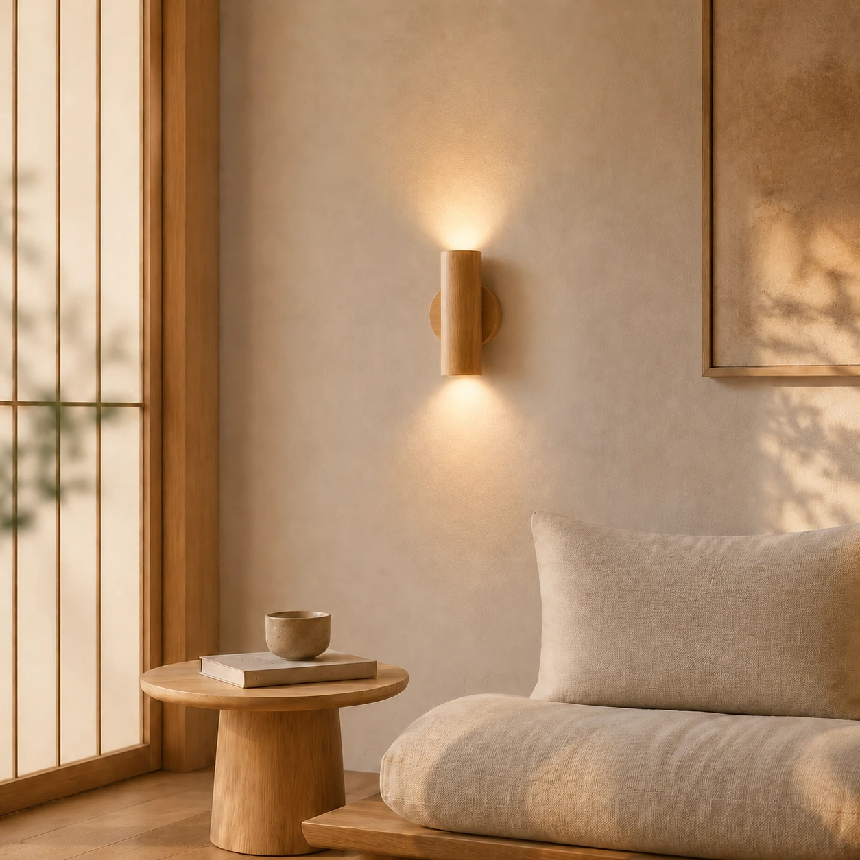 Natural wood Japanese wall sconce casting warm light in a calm living room