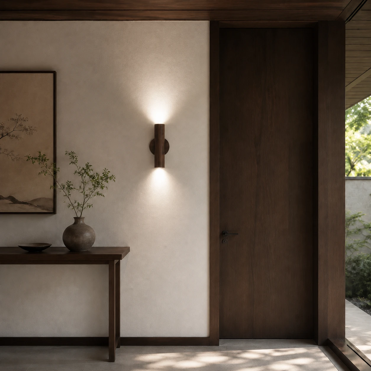 Walnut wall sconce with white light in a corridor