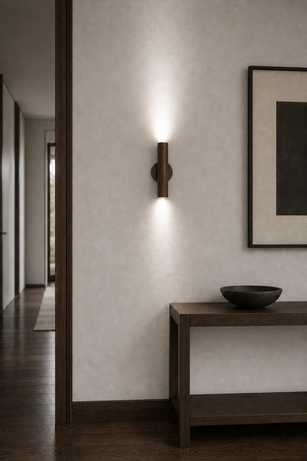 Walnut wall sconce with white light in a gallery passage