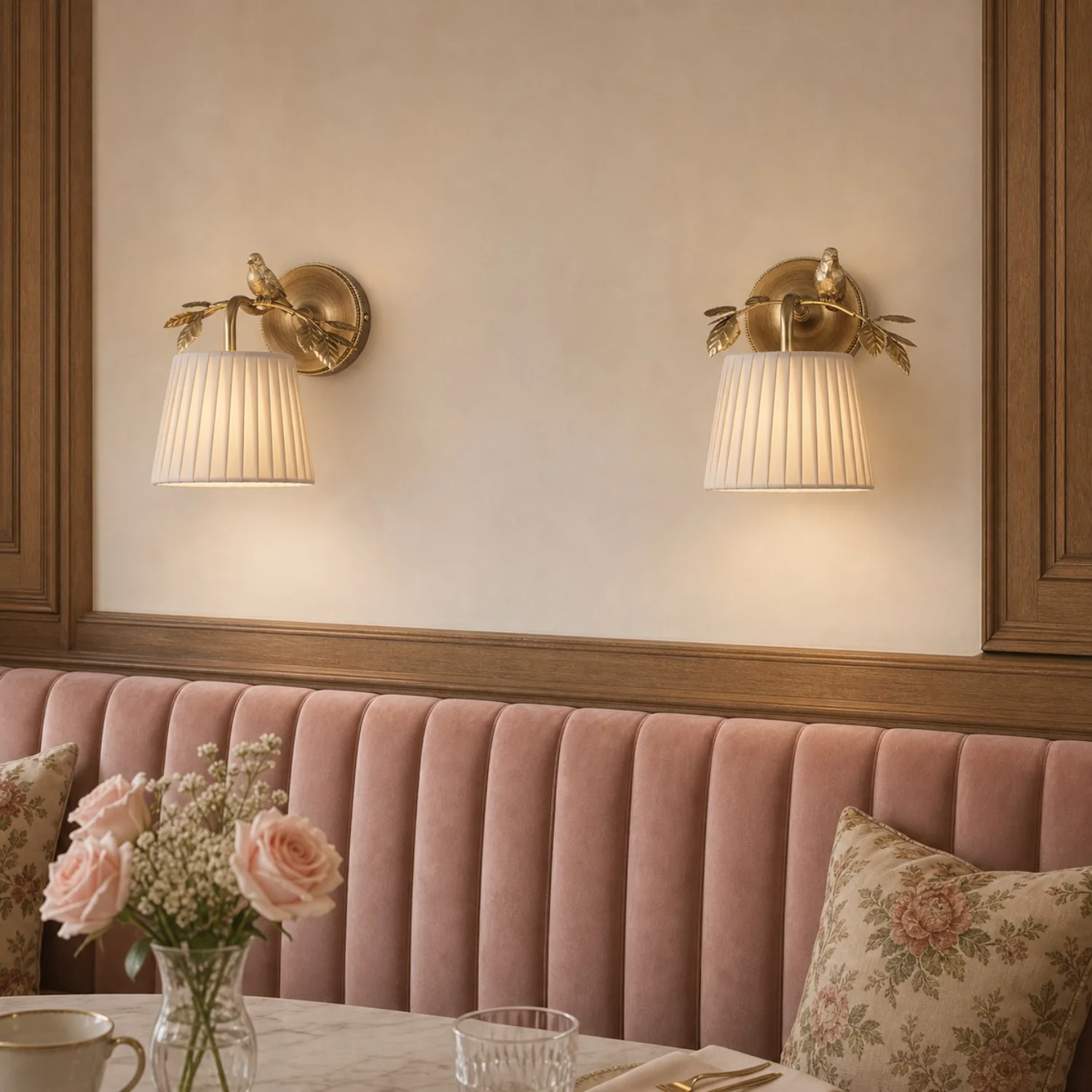 Pair of Egelton wall lights above dining seating
