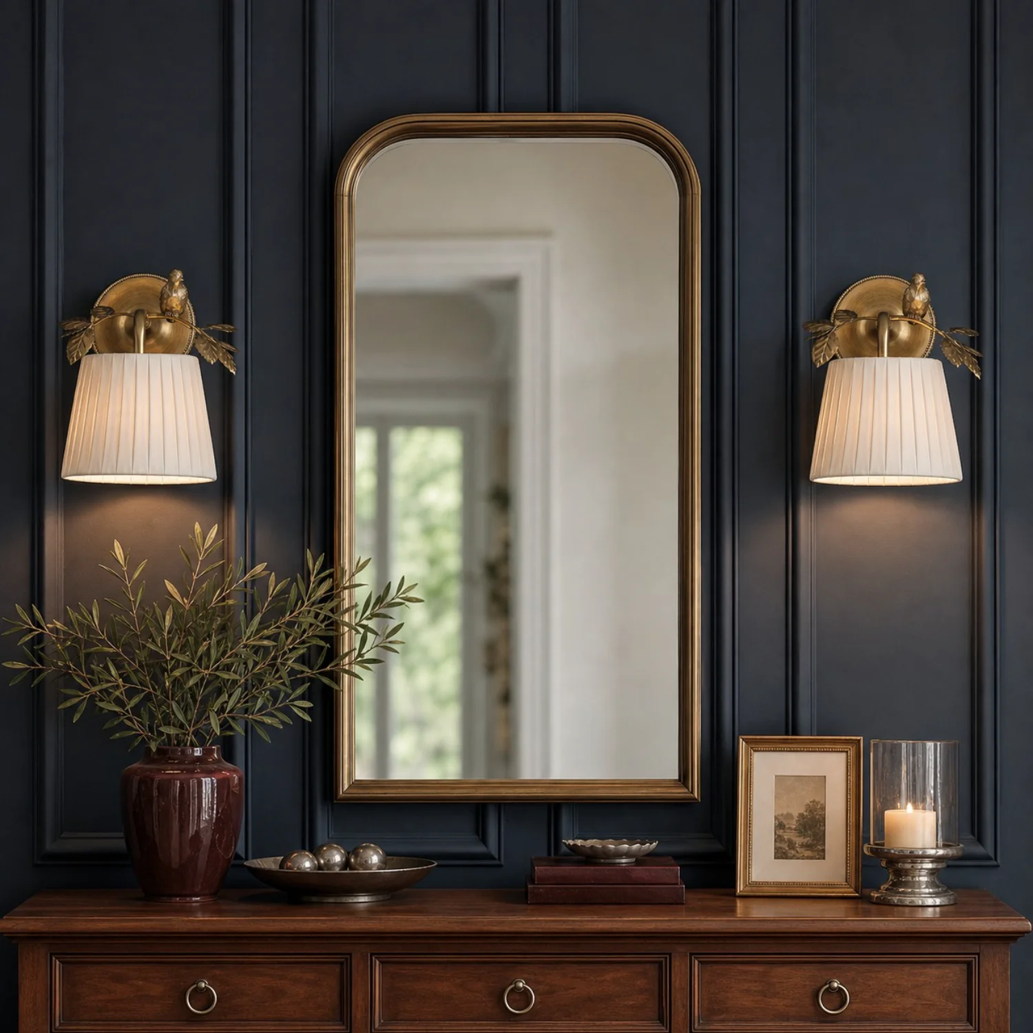 Pair of Egelton wall lights around a home mirror
