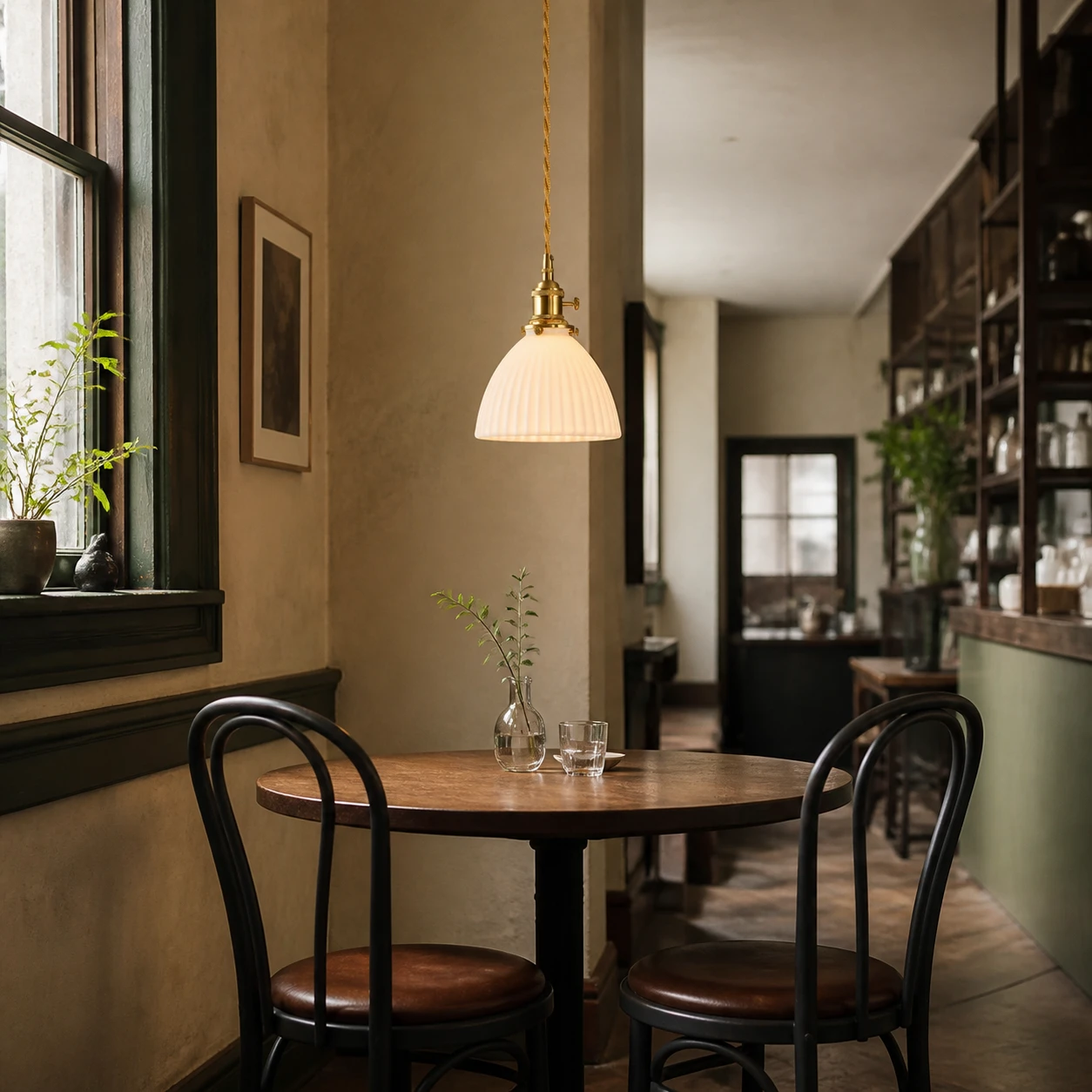 Ribbed ceramic pendant in a vintage cafe