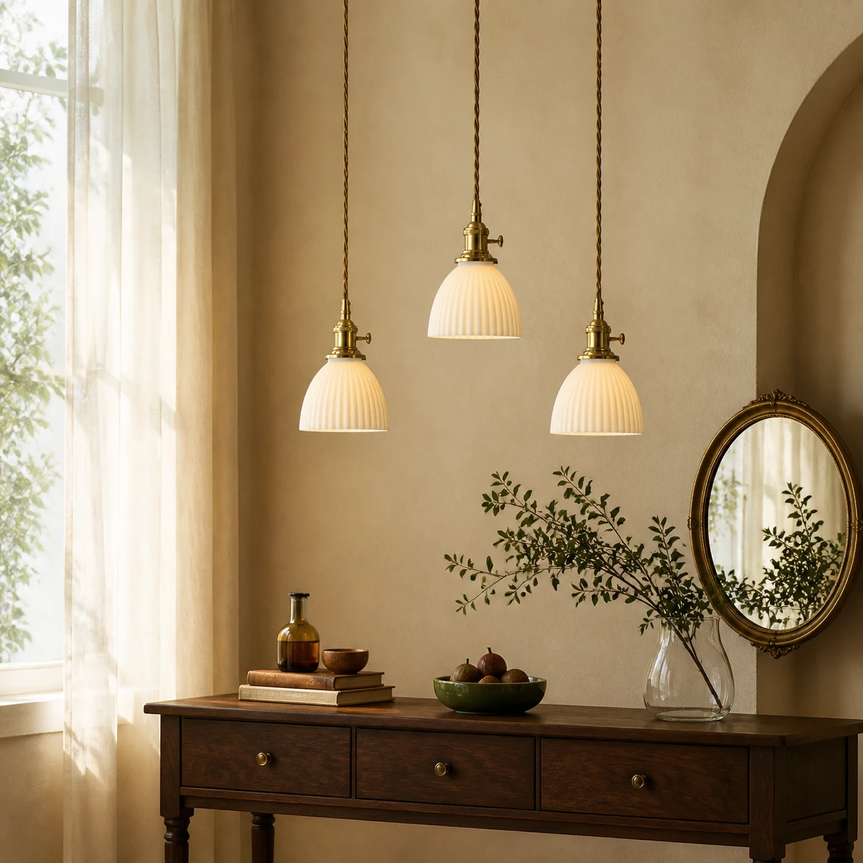 Three matching ceramic pendants in a window setting