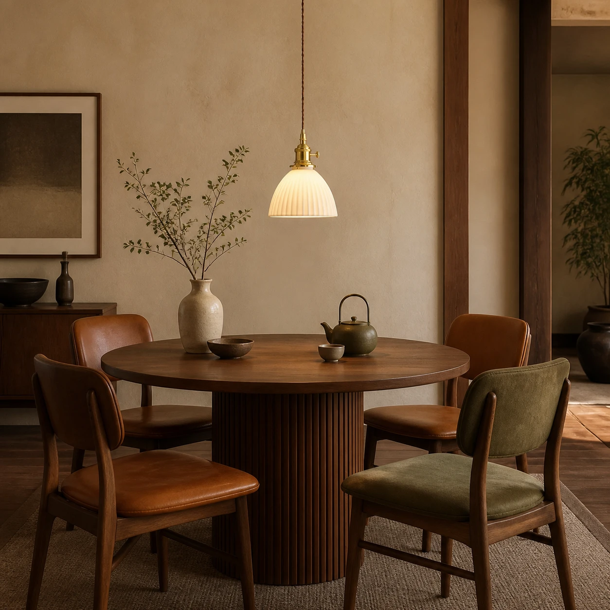 Ribbed ceramic pendant above a warm dining table