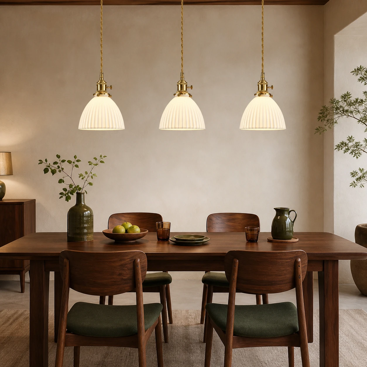 Three matching ceramic pendants above a walnut dining table