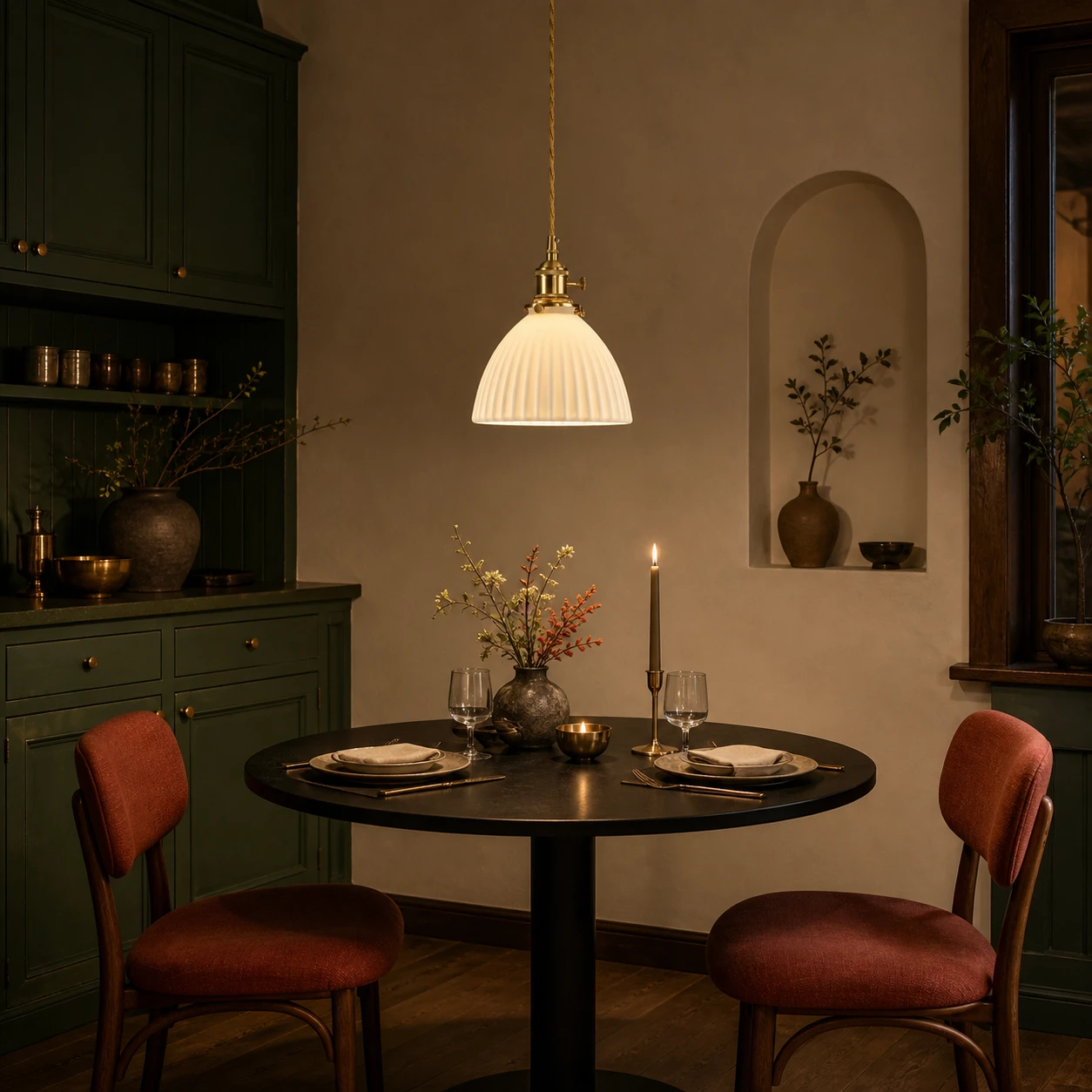 Ribbed ceramic pendant in a green restaurant interior