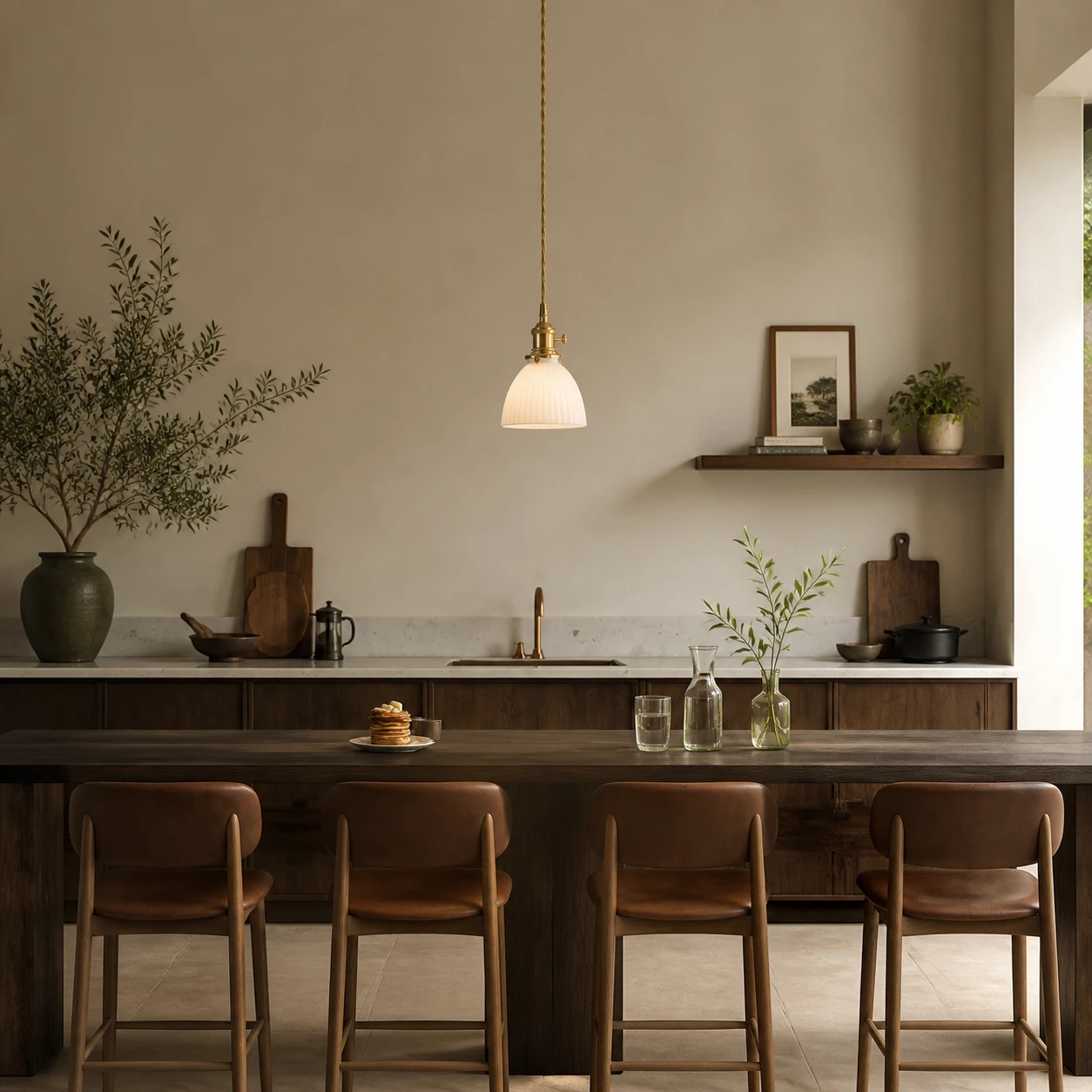 Ribbed ceramic pendant above a breakfast bar