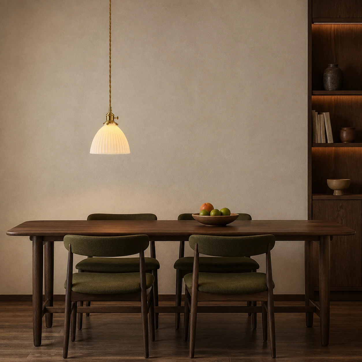 Ribbed ceramic pendant in a minimal dining space