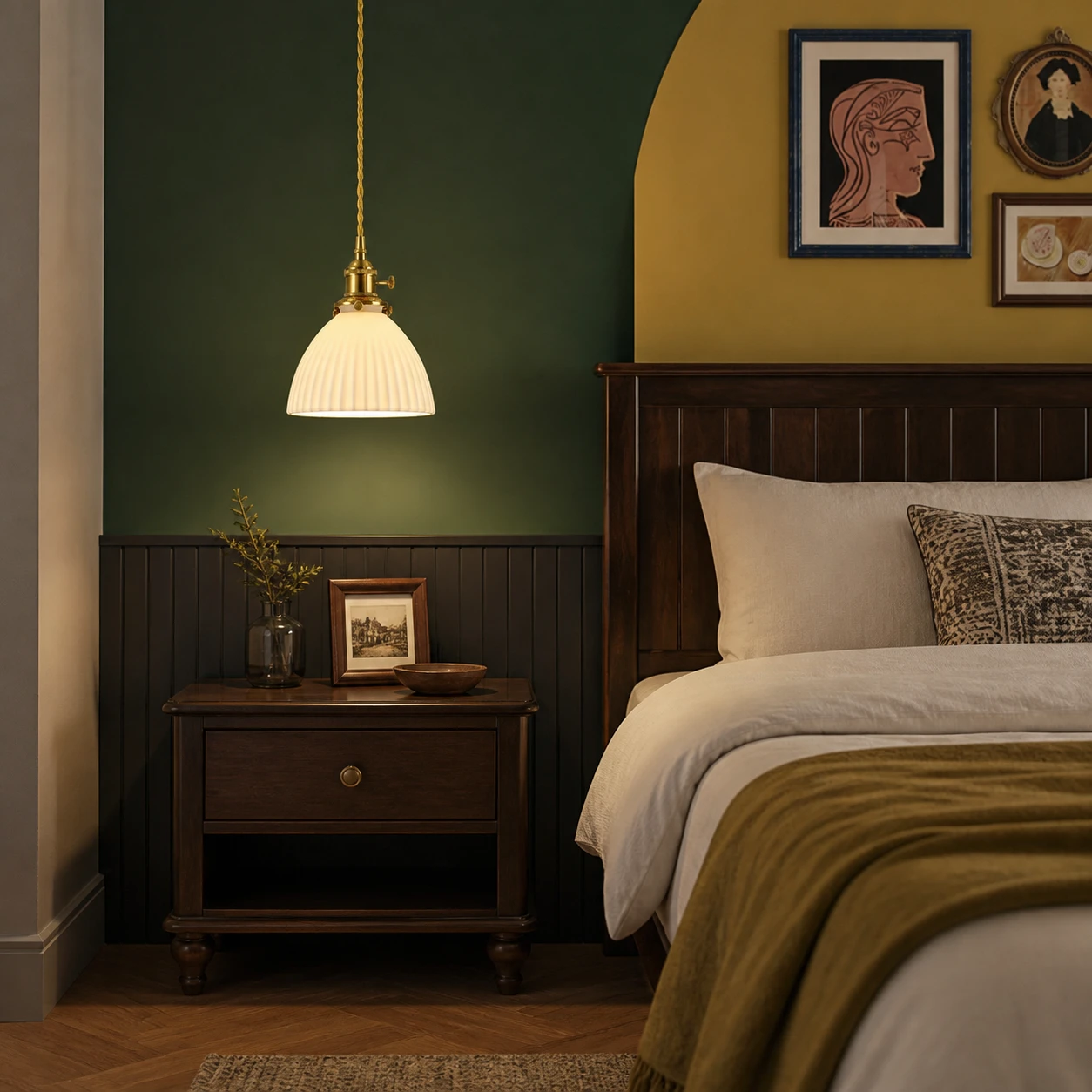 Ceramic pendant correctly aligned beside a bed