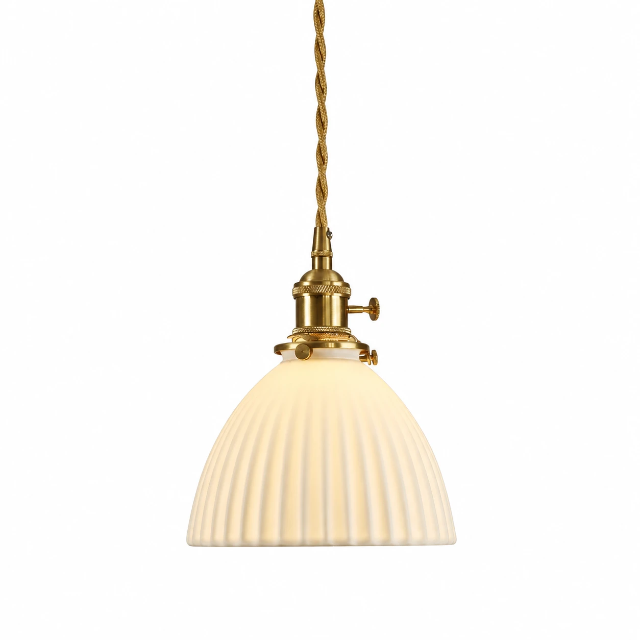 Ribbed ceramic pendant light on a clean background