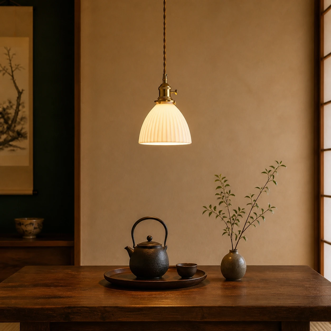Ribbed ceramic pendant in a Japanese tea room