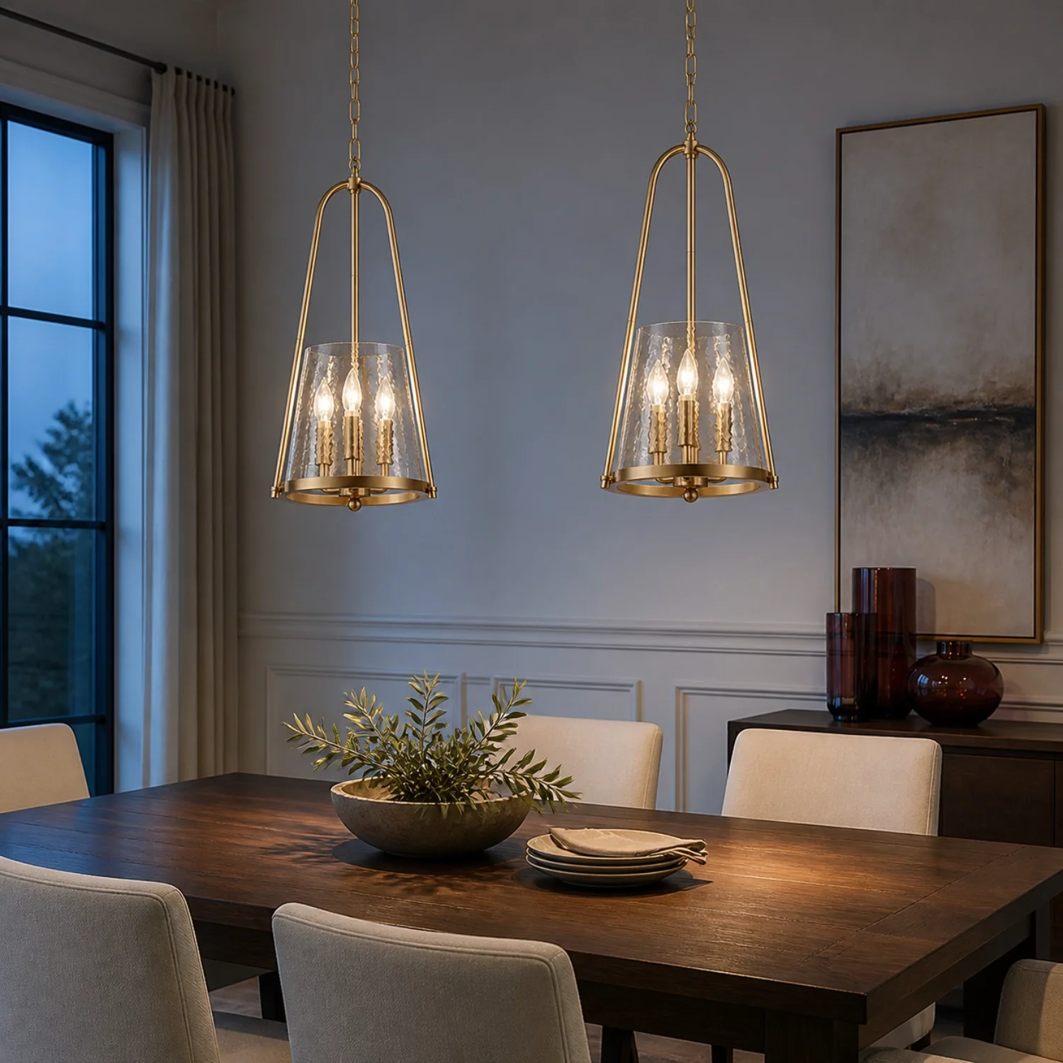 Three pendants above a dining room table
