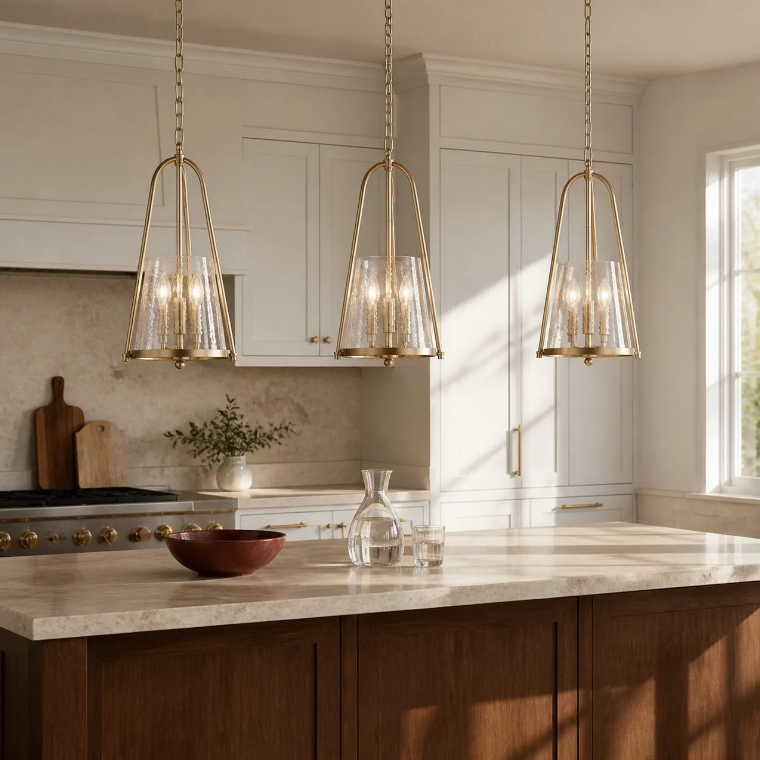 Three Champagne Bronze pendants above a kitchen island