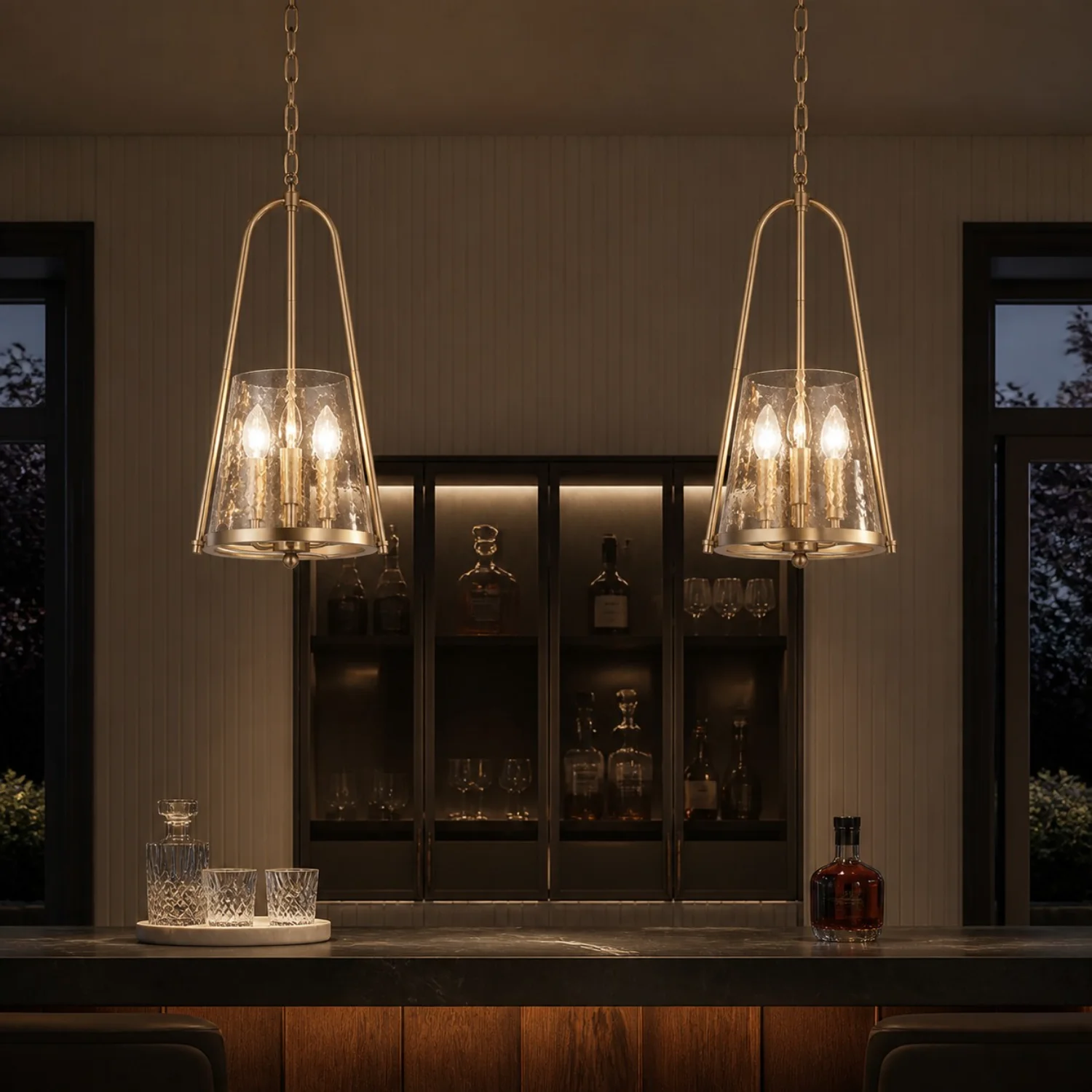 Pendant lighting in a darker dining interior