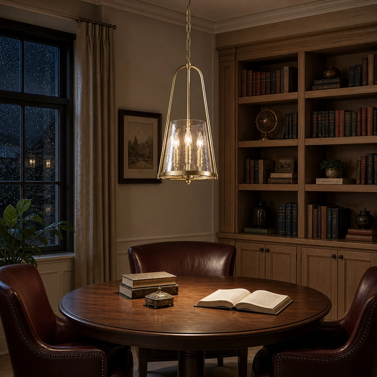 Pendant lighting in a home study and reading corner