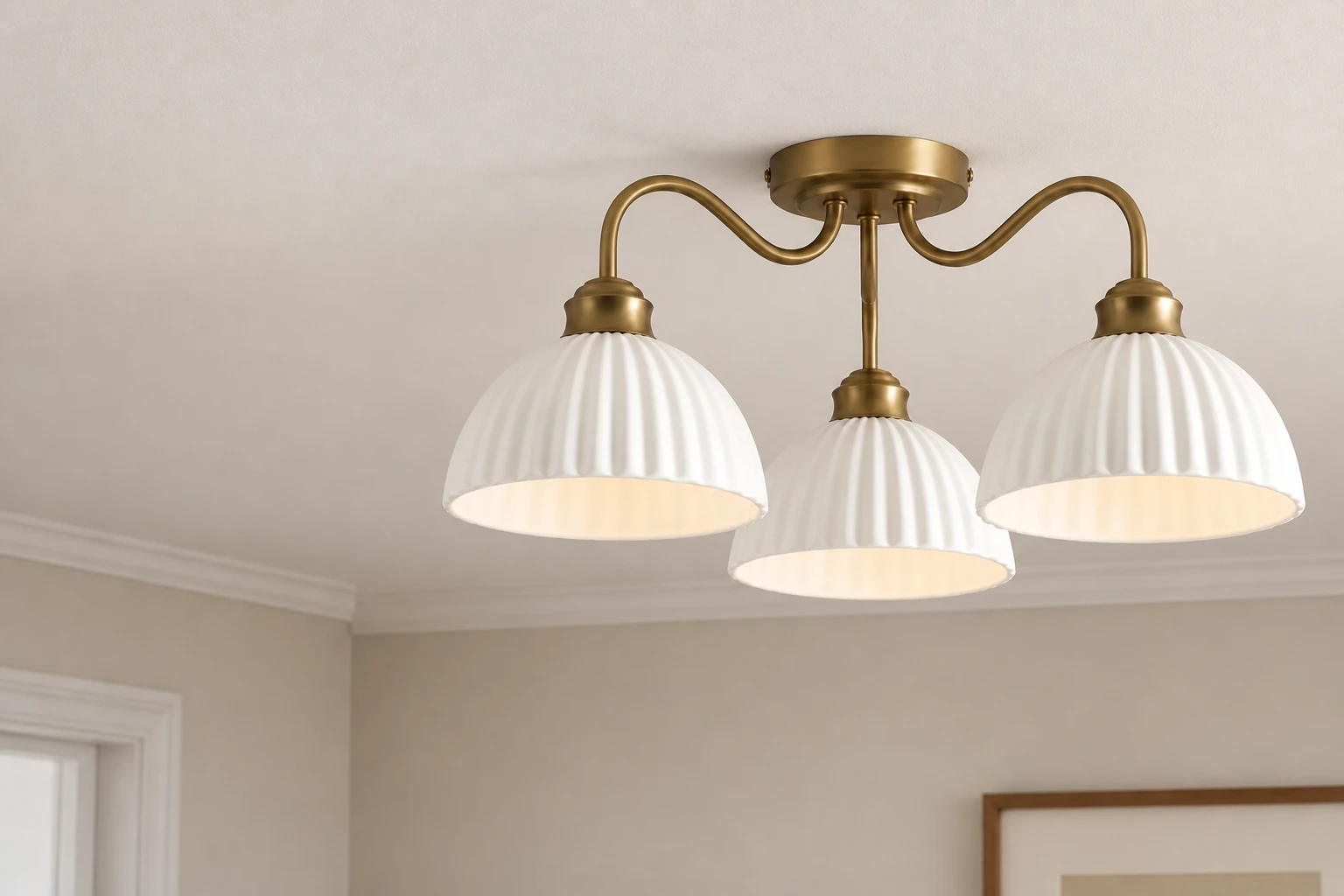Close installed view of the three-light ceramic semi-flush ceiling light in a realistically scaled home