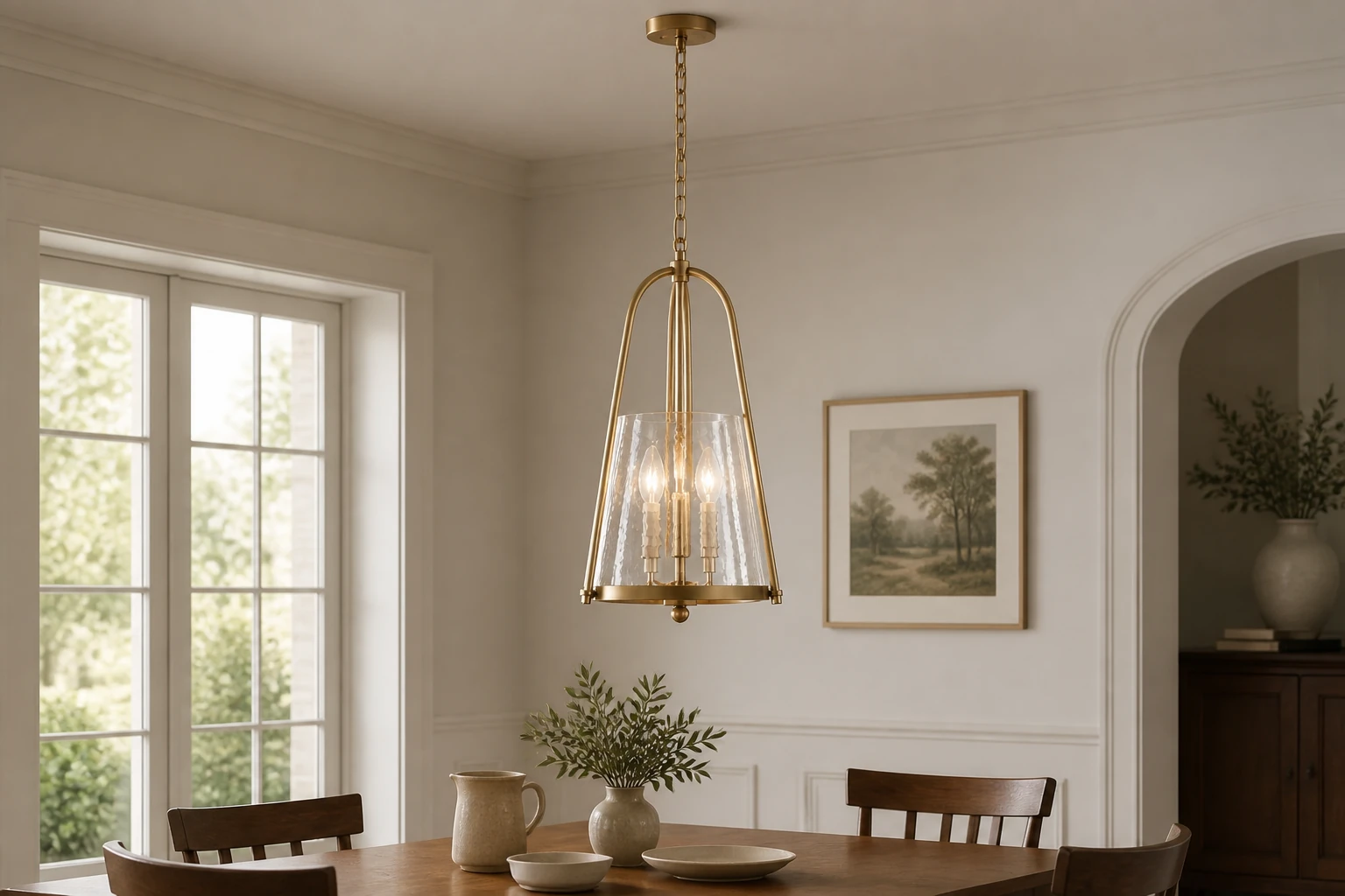 Champagne Bronze Ismena hammered glass pendant over a dining table