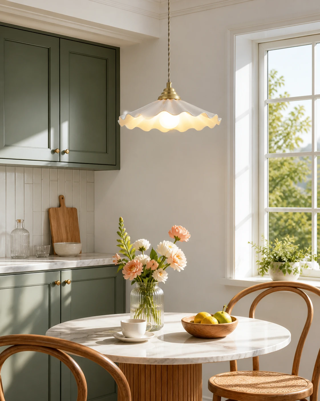 Wavy ceramic pendant in a kitchen dining nook
