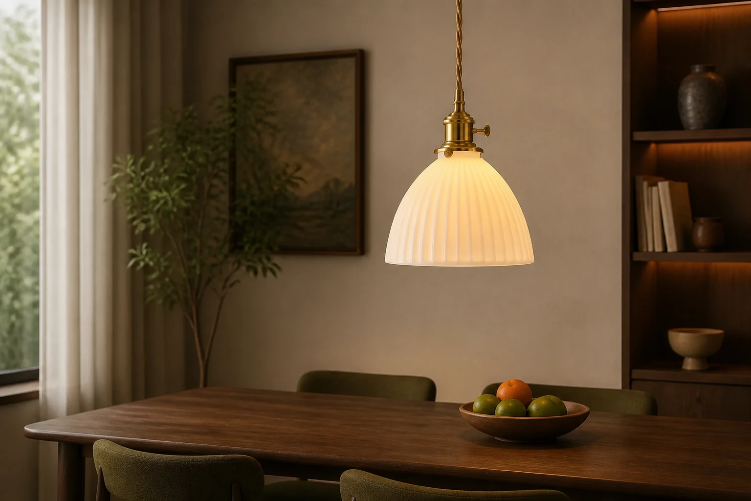 White ribbed ceramic pendant with antique brass fitting over a dining table