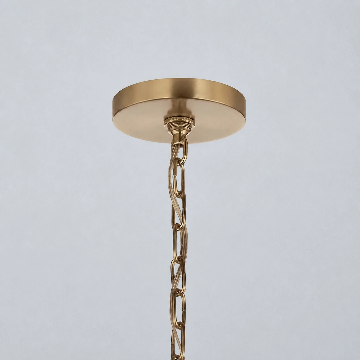 Ismena ceiling canopy and chain connection on a pearl blue-gray background